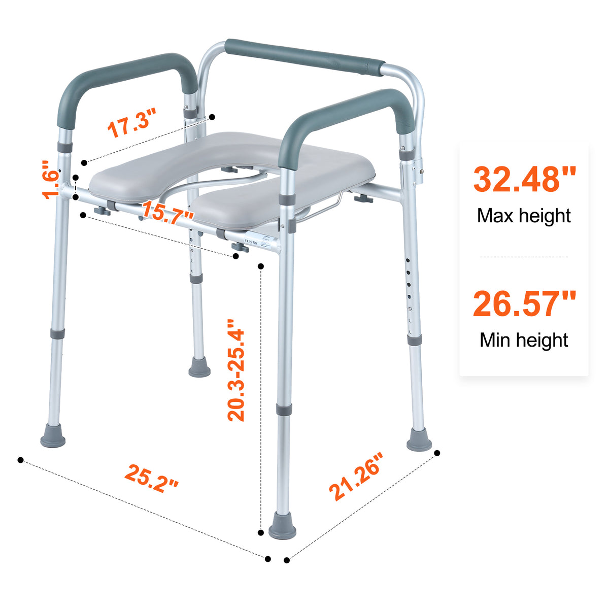 Commode overall dimensions and adjustable seat height