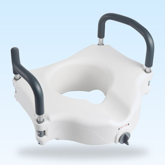 Raised toilet seat with arms, angled view