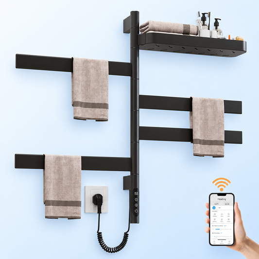 Marine Dana Smart Rotating Heated Towel Rack in matte black on a light blue gradient