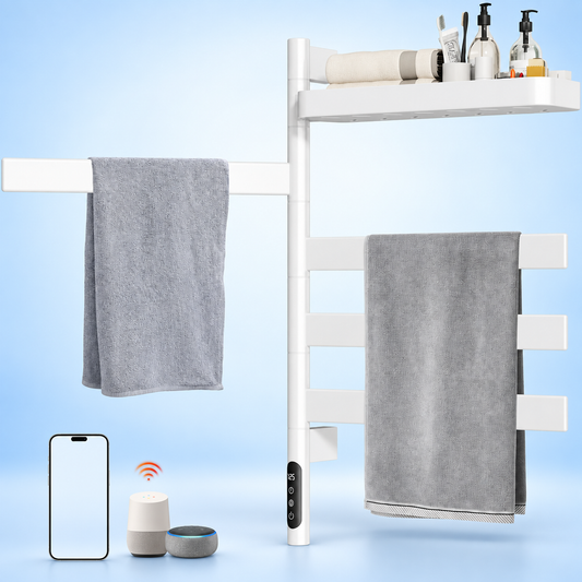 White rotating heated towel rack with shelf and smart controls on a light blue gradient