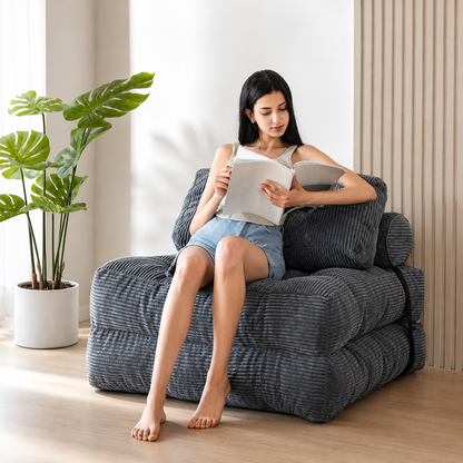 Convertible floor sofa bed with plush tufted corduroy cushions