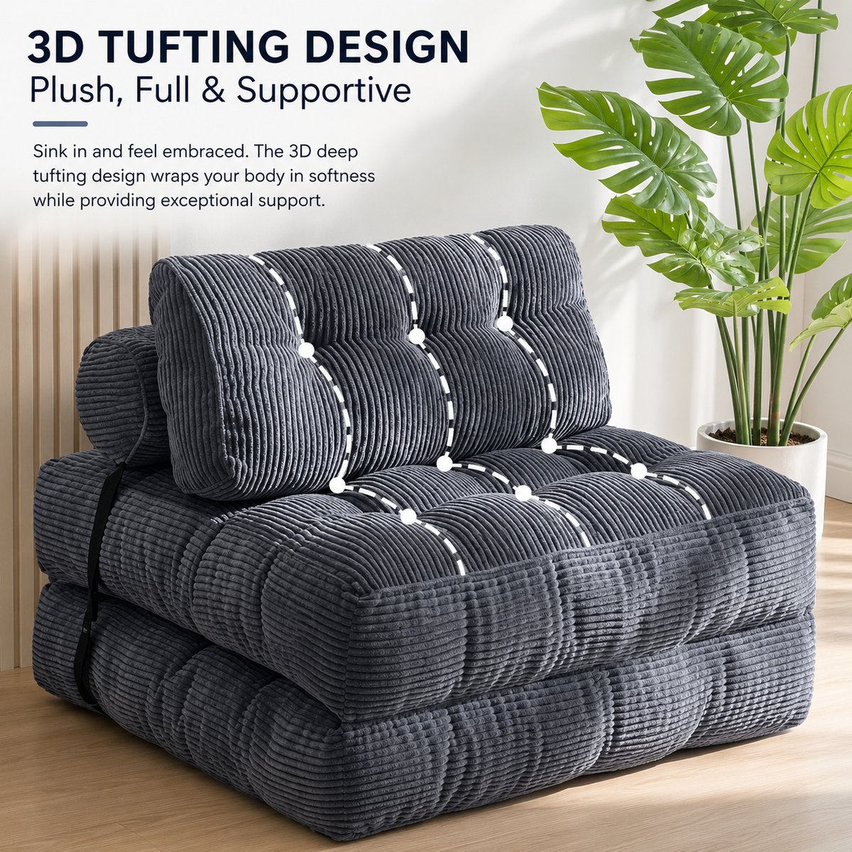Corduroy folding floor sofa bed shown as a soft low lounge chair