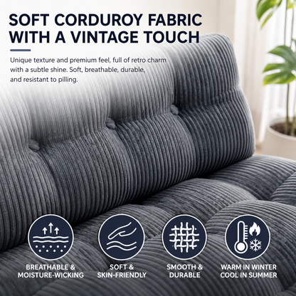 Convertible corduroy folding floor sofa bed lifestyle photo in a compact room
