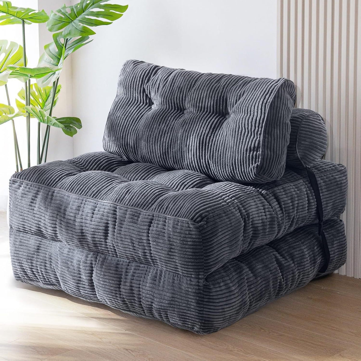 Convertible Corduroy Folding Floor Sofa Bed in gray sofa chair mode for small spaces