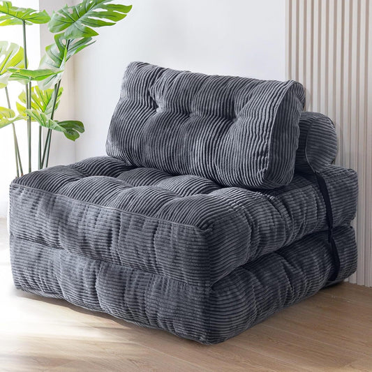 Convertible Corduroy Folding Floor Sofa Bed in gray sofa chair mode for small spaces