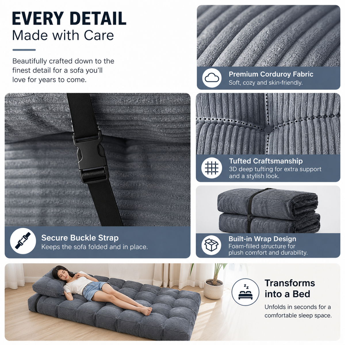 Folding corduroy sofa sleeper for apartment dorm or guest room lounging