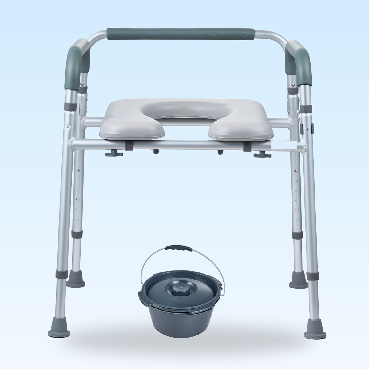 Bedside commode chair with padded seat, padded arms and removable bucket
