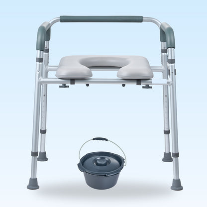 Bedside commode chair with padded seat, padded arms and removable bucket