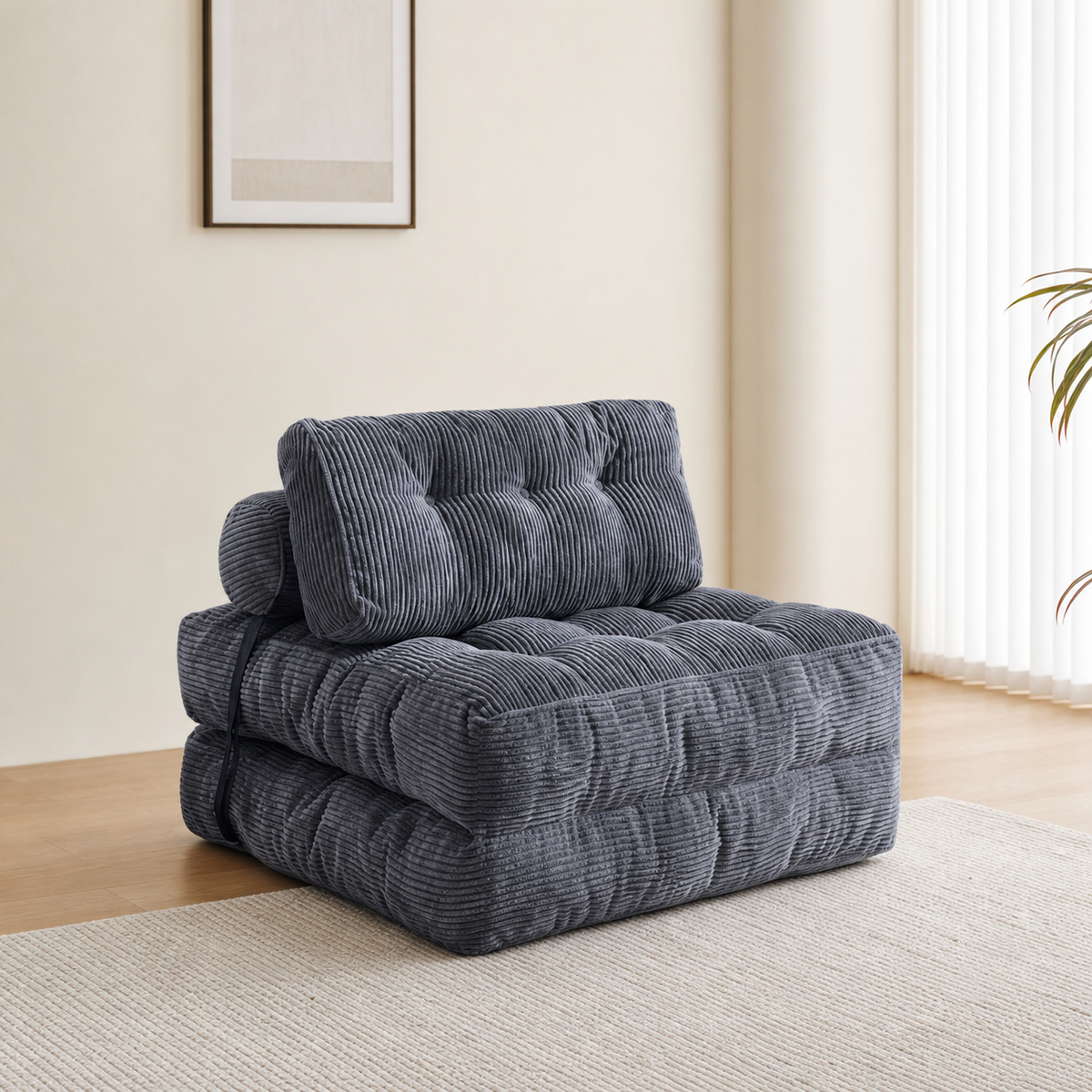 Gray corduroy folding sofa bed chair in a living room