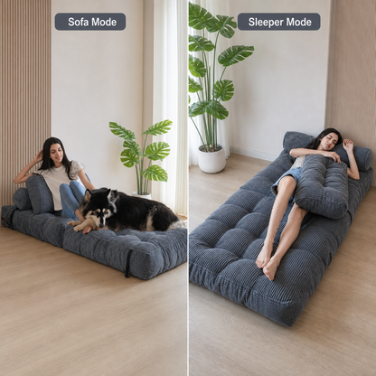 Folding corduroy sofa bed shown in sofa mode and sleeper mode