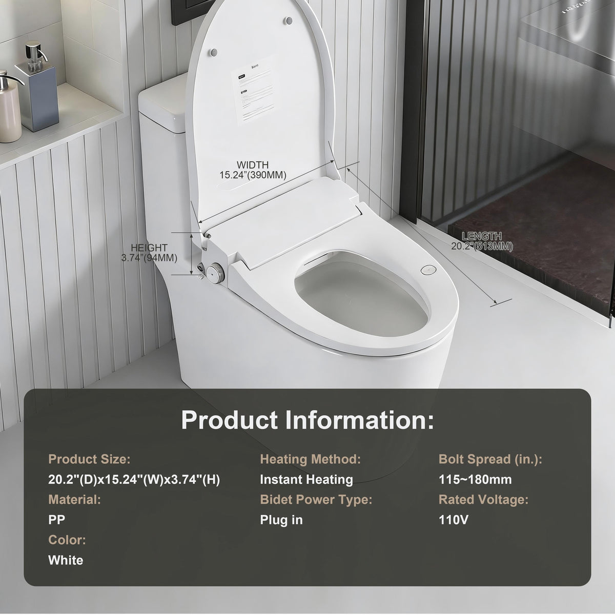 Smart electric bidet seat dimensions and 110 volt product information