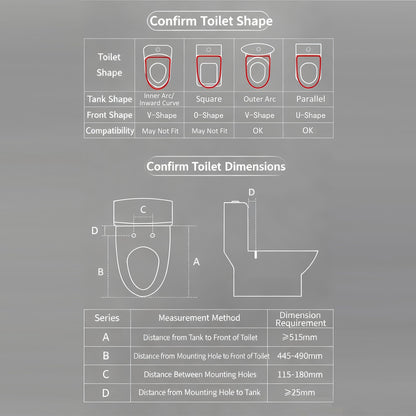 Elongated toilet shape and dimension compatibility guide for the smart bidet seat