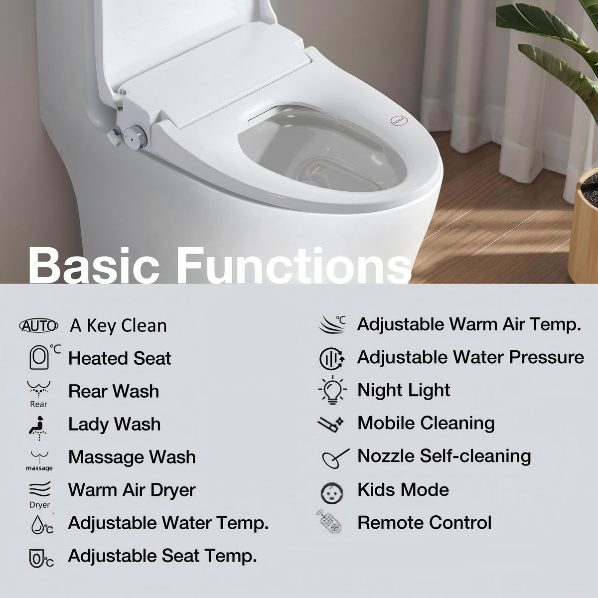 Smart bidet seat functions including heated seat, warm air dryer, night light, and remote control