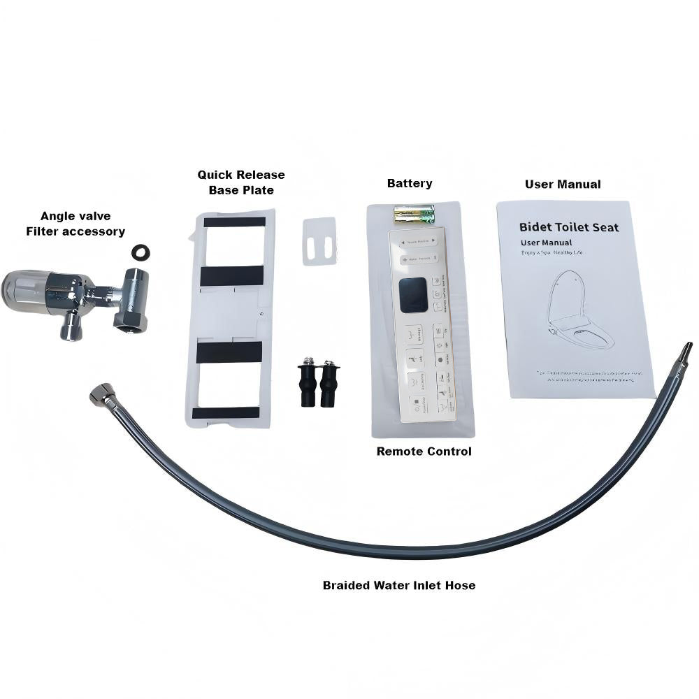 Included smart bidet seat accessories, remote, mounting plate, valve, hose, battery, and manual
