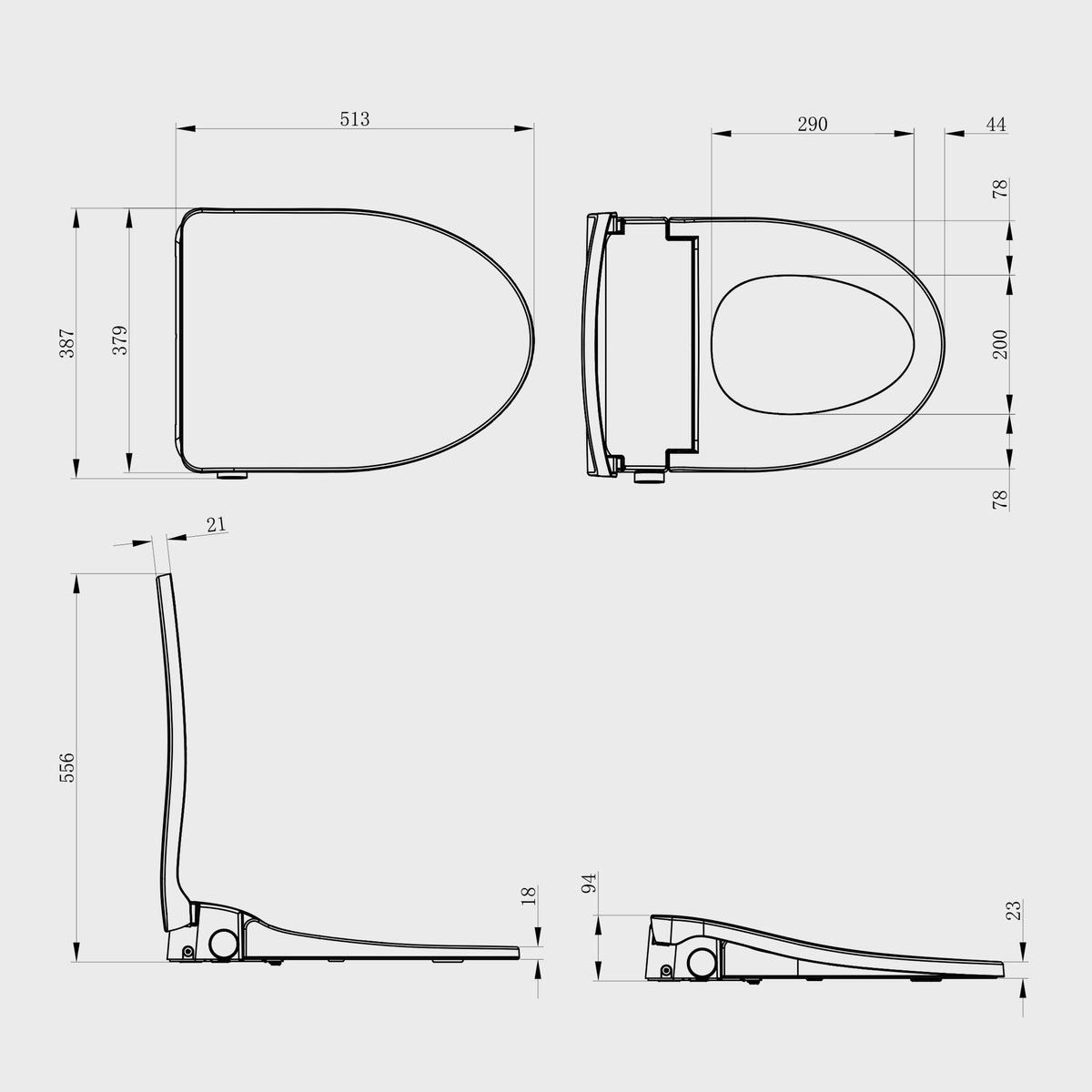 Technical dimensions drawing for the elongated smart bidet toilet seat