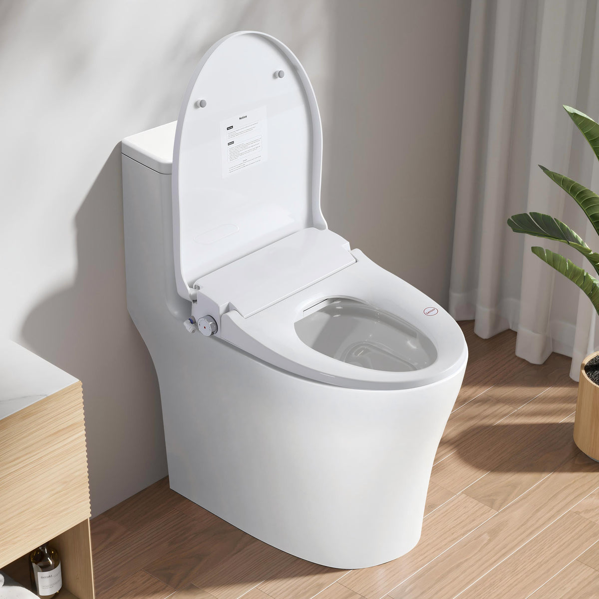 Smart heated bidet seat installed on an elongated toilet in a modern bathroom