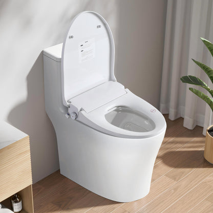Smart heated bidet seat installed on an elongated toilet in a modern bathroom