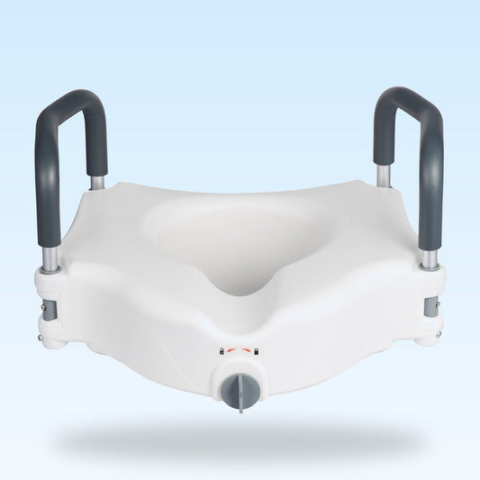 Raised toilet seat with padded arms and front locking knob, front view
